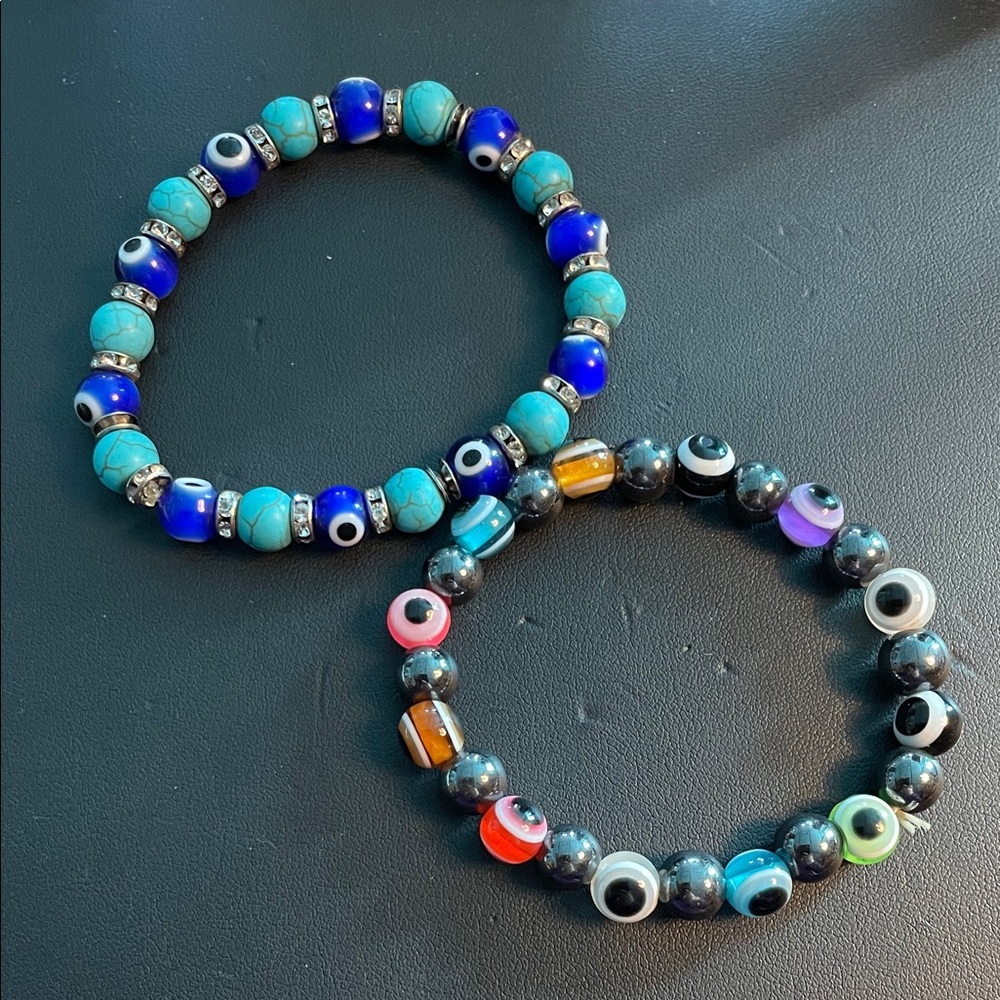 2  evil eye bracelets 1 multi color glass hematite beads blue faux turq-crystals